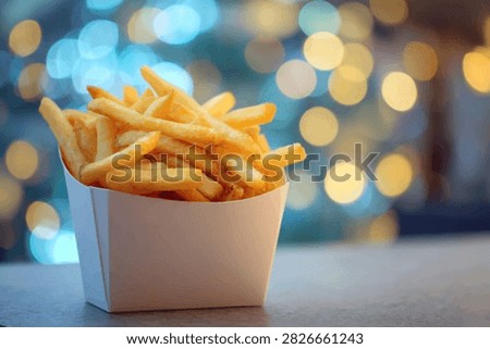 A close-up shot of a generous portion of crispy, golden french fries served in a white cardboard container, with a soft, blurred background of colorful bokeh lights.