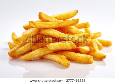 A close-up shot of a generous serving of crispy, golden-brown french fries, piled high on a clean white surface.