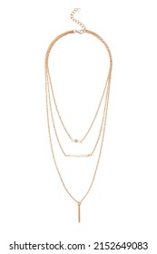 Close-up shot of a gold necklace. The necklace consists of three different chains and features a lobster clasp. The necklace is isolated on a white background. Front view.