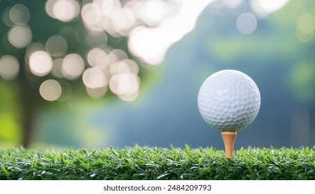 A close-up shot of a golf ball perched on a tee, set against a beautifully blurred green bokeh background, capturing the serene essence of the golf course. - Powered by Shutterstock