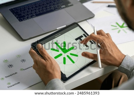 Similar – Image, Stock Photo Close up shot of focused female worker completes successful project, makes remote job, focused in monitor of laptop computer, wears optical glasses for vision corrrection, has ginger curly hair