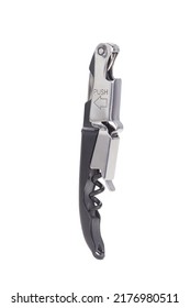 Close-up Shot Of A Gray Waiters Wine Corkscrew With A Foil Cutter And A Bottle Opener. The Wine Corkscrew Is Isolated On A White Background. Side View.