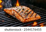 A close-up shot of a grilled salmon fillet on a hot BBQ grill. The fish is seasoned and cooked to perfection, with a crispy skin and juicy flesh. For your background business, poster, wallpaper