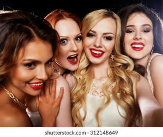 Close-up Shot Of Group Of Laughing Girls Having Party, Take Selfie With Smartphone