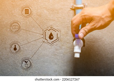 Closeup Shot Of Hand Touch Water Supply Faucet, Save Water And Home Routine Environment Warm Global Concept Blur Cement Background, Computer Graphic Eco Solid Icon