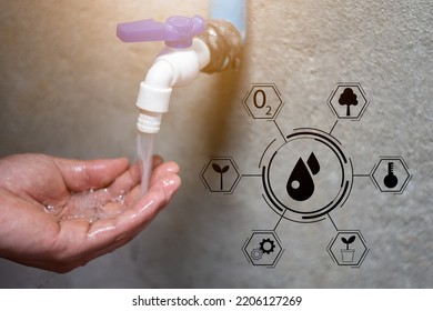 Closeup Shot Of Hand Touch Water Supply Faucet, Save Water And Home Routine Environment Warm Global Concept Blur Cement Background, Computer Graphic Eco Solid Icon