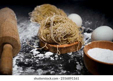 A close-up shot of homemade pasta dough surrounded by eggs, rolling pin, and flour. The scene conveys a rustic and traditional cooking atmosphere, perfect for illustrating culinary arts. - Powered by Shutterstock