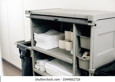 Close-up Shot Of Housekeeping Cart With Clean Towels At Hotel