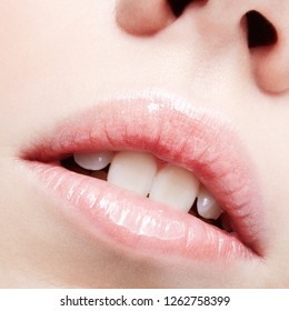 Closeup shot of human female face. Woman with pink plump lips makeup. - Shutterstock ID 1262758399