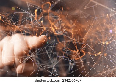 A close-up shot of a human hand pointing at a complex web of interconnected network lines - Shutterstock ID 2342506707
