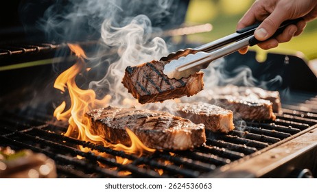Un primer plano de un jugoso filete a la parrilla sobre llamas abiertas con humo creciendo alrededor. Las pinzas están sosteniendo la carne cocida.