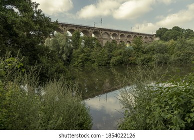 A closeup shot of a lake surrounded by greenery and a bridge in the background