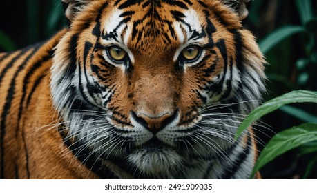 Close-Up Shot of a Majestic Bengal Tiger's Intense Gaze with Vivid Orange and Black Stripes Amidst Lush Green Foliage Capturing the Essence of Wildlife's Fierce Beauty - Powered by Shutterstock