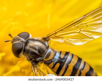 Closeup shot of marmalade hoverfly pollinating yellow flower - Powered by Shutterstock