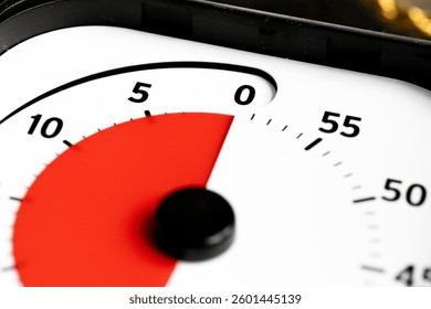 Close-up shot of a mechanical timer with white face, black housing, and red indicator section showing time expired, focus on the number 0.