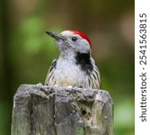 A closeup shot of a middle spotted woodpecker on a wooden post. Dendrocoptes medius.