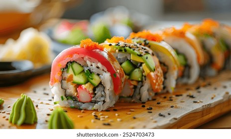 Close-up shot of a mouth-watering maki sushi roll filled with a variety of fresh ingredients, showcasing the artistry of Japanese culinary tradition. - Powered by Shutterstock