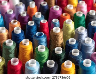 Close-up shot of numerous thread spools in various vibrant colors, arranged densely