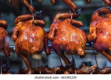 Closeup Shot On Roast Chicken Hanging In A Hawker Stall