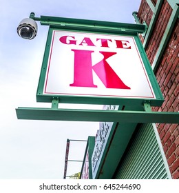 Close-up Shot Of One Of The Fenway Park Stadium Gate Signs In Boston, Massachusetts, USA.