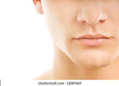 Close-up shot of a part of man's face. Isolated on white background