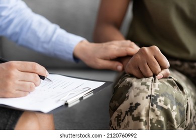 Closeup Shot Of Psychotherapist Supporting African American Soldier Woman During Therapy Session In Office, Unrecognizable Psychologist Lady Comforting Black Military Female In Uniform, Cropped