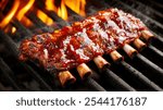 Close-up shot of a rack of juicy BBQ ribs cooking on a grill with flames visible in the background. For your background business, poster, wallpaper, banner, backdrop, greeting cards