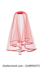 Close-up shot of a red veil with a comb. The bridal veil with ribbon edge. The wedding bridal veil is isolated on a white background. Front view.