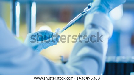 Close-up Shot of a Research Scientist using a Micro Pipette in a Modern Genetic Laboratory.