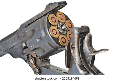 A closeup shot of a revolver of a firearm isolated on the white background