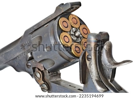 A closeup shot of a revolver of a firearm isolated on the white background