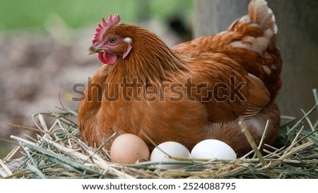 A close-up shot of a Rhode Island Red hen nestled in a straw-filled nest