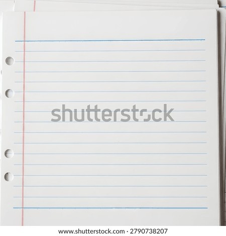 A close-up shot of several sheets of clean, white, lined notebook paper with blue horizontal lines and a red vertical margin, featuring three punched holes on the left side.