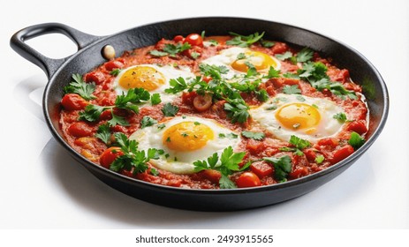 A close-up shot of shakshuka, a Middle Eastern dish featuring eggs poached in a spicy tomato sauce, served in a cast iron skillet and garnished with parsley. - Powered by Shutterstock