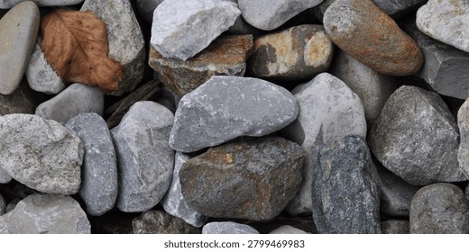 Close-up shot of sharp broken mountain stones and grey rocks with a single brown autumn leaf. Natural rugged geological background accentuating contrasting textures of hard stones and fragile dry organic foliage.