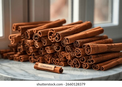 A close-up shot showcases a substantial stack of dried cinnamon sticks. One stick in the foreground is clearly labeled with the word 'Cinnamon' on a small paper tag.