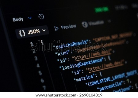 Close-up shot showing JSON data on a dark user interface with lines of code detailing loading experience and various web performance metrics for developers