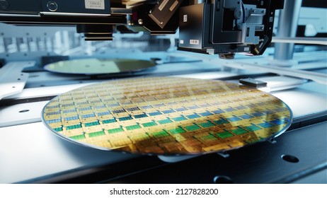Close-up Shot of Silicon Wafer in Bright light at Advanced Semiconductor Foundry, that produces Computer Chips.