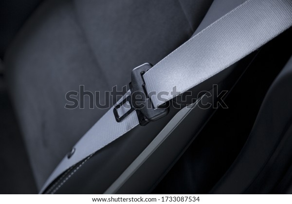 A closeup shot of the silver belt in the modern\
car interior
