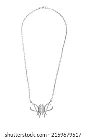 Close-up shot of a silver necklace with a pendant. The pendant is decorated with a pearl. This necklace features a lobster clasp. The necklace is isolated on a white background. Front view.