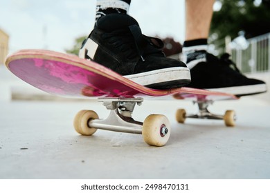 Close-up shot of skateboarder's feet on pink skateboard at skate park. Teenager is skateboarding. Leisure activity and extreme sport concept - Powered by Shutterstock