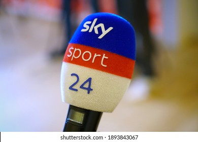 Close-up Shot Of The Sky Sports Microphone During A Press Conference. Turin, Italy - January 2021