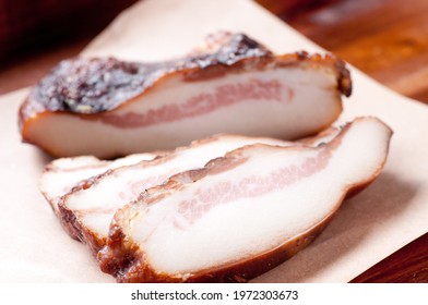 A closeup shot of sliced pork jowl bacon