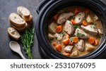 A close-up shot of a slow cooker filled with a delicious chicken stew with carrots, potatoes, and herbs. The stew is ready to be served with crusty bread