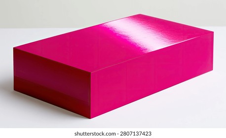 A close-up shot of a solid, vibrant pink rectangular box with a glossy finish, casting a subtle shadow on a clean white surface.