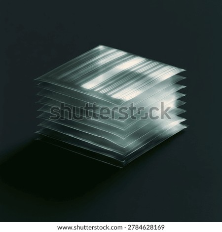 A close-up shot of a stack of clear plastic sheets, creating a layered effect with light reflections.