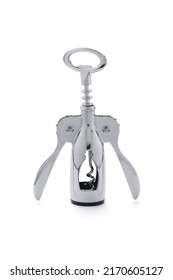 Close-up Shot Of A Stainless Winged Corkscrew. This Butterfly Corkscrew Has 2 Wings (levers). The Winged Corkscrew Is Isolated On A White Background. Front View.