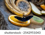 A closeup shot of a starry night butterfly stood on a slice of orange with blurred fruits background