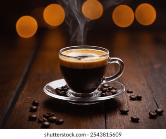  A close-up shot of a steaming hot black coffee served in a transparent glass mug placed on a wooden table. The rich, dark coffee has a layer of creamy froth on top, with visible steam rising. - Powered by Shutterstock