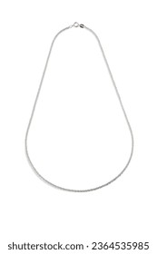 Close-up shot of a thin silver chain. An elegant minimalist necklace with a lobster clasp is isolated on a white background. Front view.